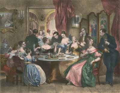 Le The, Çay Partisi (renkli taş baskı) by Achille (after) Deveria