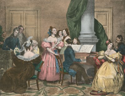 Soiree Musicale, Müzikli Akşam Partisi (renkli taş baskı) by Achille (after) Deveria