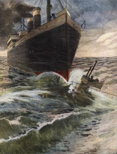 Bir Alman transatlantik, İngiliz filosunun bir denizaltısını Dover kıyılarında deviriyor ve kırıyor - Beltrame tarafından İllüstrasyon - “” La Domenica del Corriere”” Ekim 1912 by Achille Beltrame