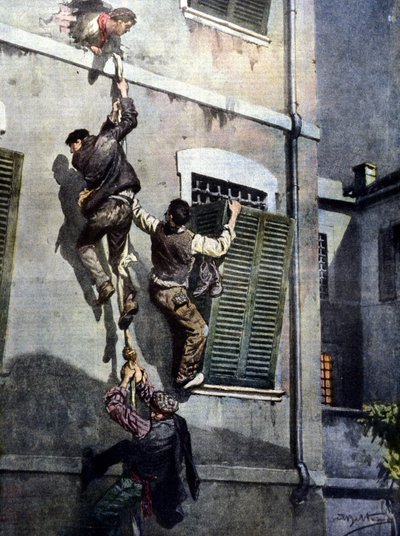 Duvarı kırdıktan sonra Asti hapishanesinden dört mahkumun cesur bir kaçışı. Beltrame tarafından çizim. La Domenica del Corriere. 1902 by Achille Beltrame