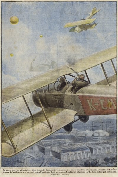 Bir uçakta İngiltere üzerinde balon atan silahlı bir adam by Achille Beltrame