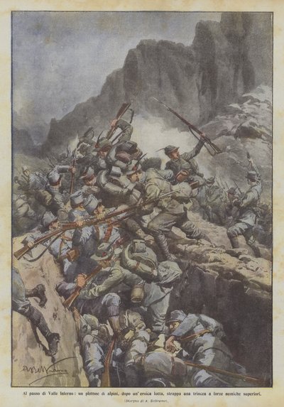 Valle Inferno geçidinde, Alp birliklerinden oluşan bir müfreze, kahramanca bir savaşın ardından bir siper mi yıktı? by Achille Beltrame