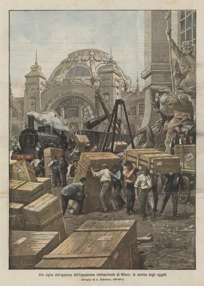 Milano Uluslararası Sergisinin açılışının arifesinde, nesnelerin boşaltılması by Achille Beltrame