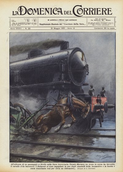 Casale-Mortara demiryolu hattındaki hemzemin geçitte, hareket halindeki bir tren mi? by Achille Beltrame