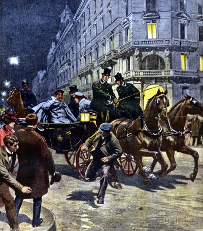 Alman İmparatoru II. William'a (1859 - 1941) 6/03/1901 akşamı otobüsle Bremen istasyonuna yaptığı yolculuk sırasında saldırı. Beltrame çizimi. La Domenica del corriere. 06/17/1901. by Achille Beltrame