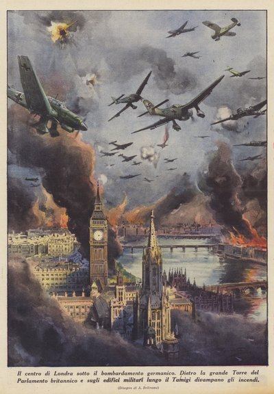 Cermen bombardımanı altında Londra merkezi (Renkli Litho) by Achille Beltrame