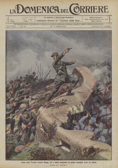 Cesaret için ilk altın madalyayı alan leroik bir teğmen Raggi olarak by Achille Beltrame