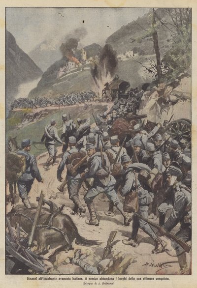 İtalyan ilerlemesinin baskısıyla karşı karşıya kalan düşman, geçici fetihlerinin yerlerini terk etti. by Achille Beltrame