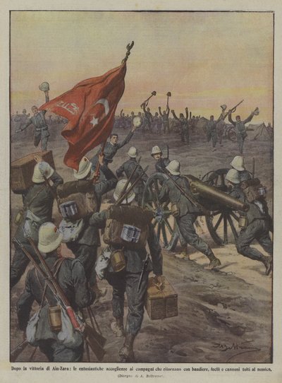 Ain-Zara zaferinden sonra bayraklarla dönen yoldaşlara coşkulu karşılama? by Achille Beltrame