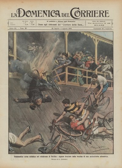 Berlin velodromunda dramatik bisiklet yarışı, bayanlar bir benzin tarafından yakıldı? by Achille Beltrame
