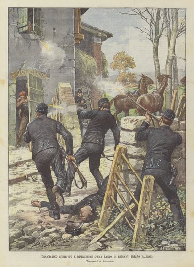 Palermo yakınlarında bir haydut çetesinin dramatik çatışması ve yıkımı by Achille Beltrame