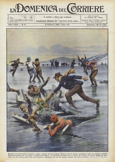 Bir okul gezisinde, bir Alman kasabasından beş erkek çocuk paten kaymaya mı başladı? by Achille Beltrame