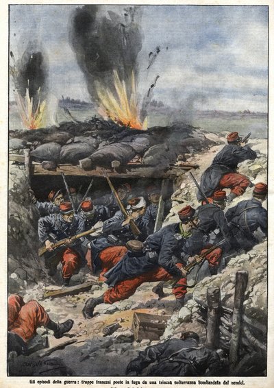 1914 Savaşı Bölüm: Siperlerdeki Fransız birlikleri düşmanlar tarafından bombalanır. “La Domenica del Corriere” by Achille Beltrame