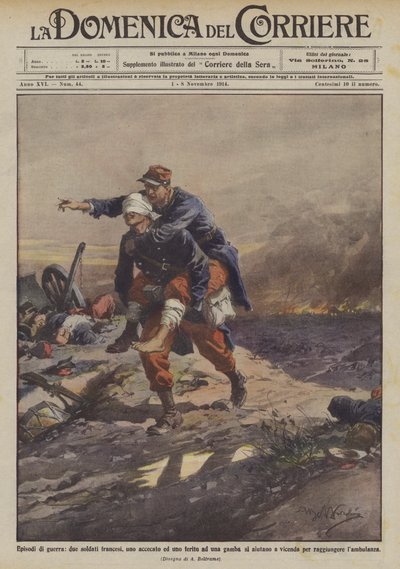 Savaş sahneleri, biri kör, biri bacağından yaralanmış iki Fransız askeri birbirine yardım mı ediyor? by Achille Beltrame