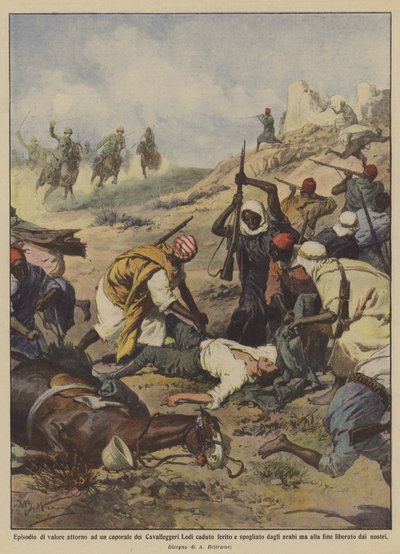 Yaralanan ve yanından sıyrılan bir Lodi Cavalleggeri onbaşısının etrafındaki değerli bölüm? by Achille Beltrame