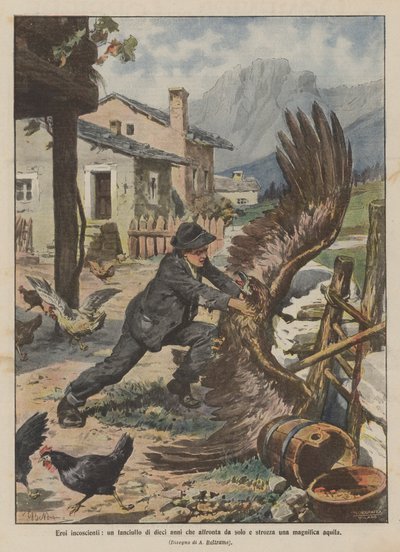 Bilinçsiz kahramanlar, tek başına yüzleşen ve muhteşem bir kartalı boğan on yaşında bir çocuk by Achille Beltrame