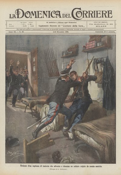 Cinayet çılgınlığından muzdarip bir askerle yüzleşen ve silahsızlandıran bir piyade yüzbaşısının kahramanlığı by Achille Beltrame