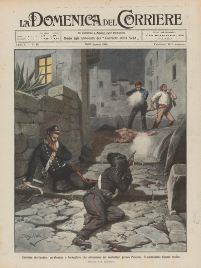 Talihsiz kahramanlık, jandarma ve bersagliere, Palermo yakınlarında suçlularla karşı karşıya mı? by Achille Beltrame