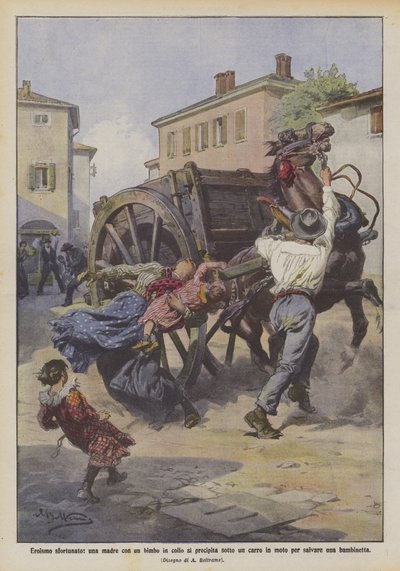 Talihsiz kahramanlık, boynunda bebeği olan bir anne, küçük bir kızı kurtarmak için hareketli bir vagonun altına koşar. by Achille Beltrame