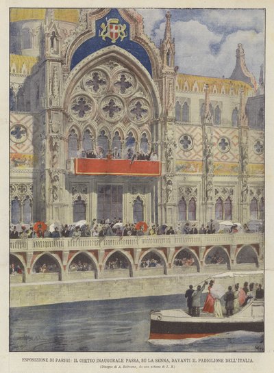 Paris Fuarı, Açılış Alayı Geçiyor, Seine Nehri Üzerinde, İtalya Pavyonu Önünde by Achille Beltrame