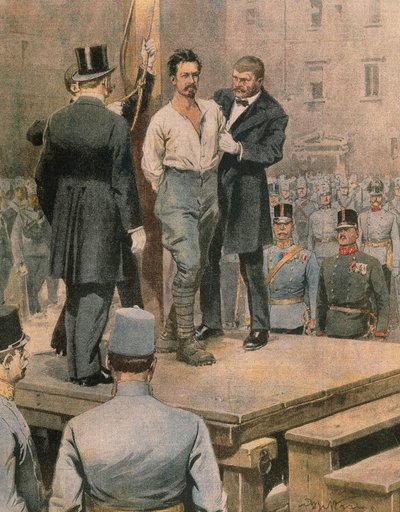 Trento'da Cesare Battisti'nin İnfazı, Achille Beltrame tarafından, illüstrasyon, Illustrator Achille Beltrame (1871-1945), La Domenica del Corriere'den, Temmuz 1916 by Achille Beltrame