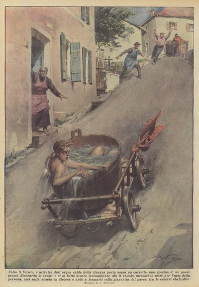 Çamaşırları yıkayan ve bir arabaya konan küvetin sıcak suyunun ilgisini çeken bir gelin mi? by Achille Beltrame