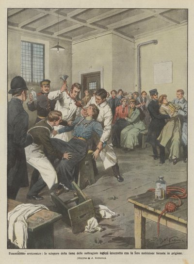 Kahramanca-komik feminizm, İngiliz kadınların oy hakkını savunanların açlık grevi onlarınkiyle kesintiye mi uğradı? by Achille Beltrame