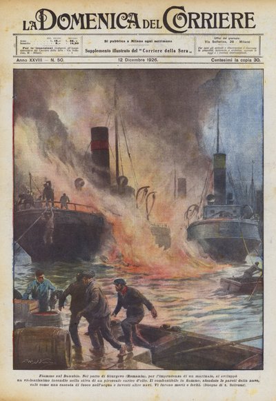 Tuna Nehri üzerinde alevler by Achille Beltrame