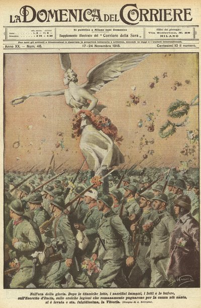 Birinci Dünya Savaşı 1918 - İtalya savaşta. Zafer günü. Zafer saatinde. Devasa bir mücadeleden sonra, muazzam fedakarlıklar, ölümler, fırtınalar, İtalya Ordusu, en kutsal dava için savaşan kahraman Roma lejyonları, Kurbanı kaldırdı. by Achille Beltrame