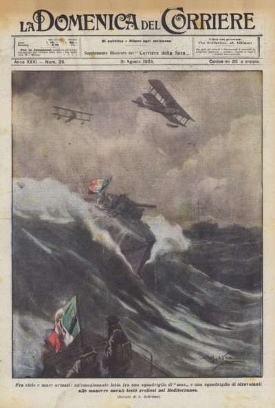 Gökyüzü ve deniz arasında silahlı, bir Mas filosu ile bir filo arasında heyecan verici bir kavga mı? by Achille Beltrame