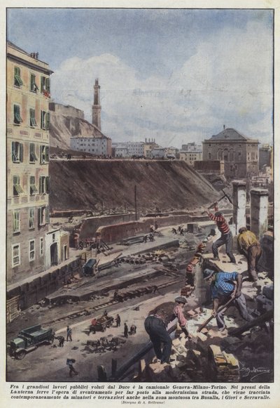 Duce tarafından yaptırılan görkemli bayındırlık işleri arasında Cenova-Milan-Torino kamyonu yer alıyor. by Achille Beltrame