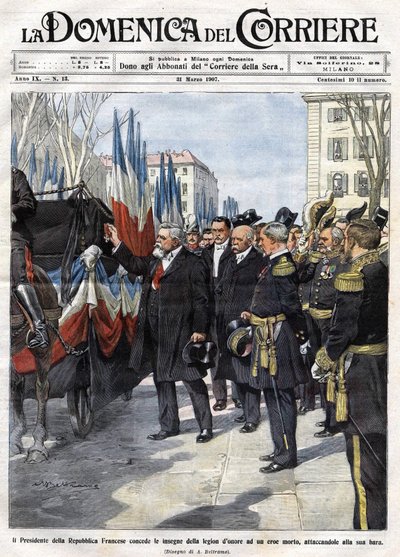 Fransa Cumhurbaşkanı Armand Fallieres (1841 - 1931), savaşta ölen bir kahramana Legion of Honor madalyasını sunar. Hasta de Beltrame. La Domenica del Corriere. 31/03/1907. by Achille Beltrame
