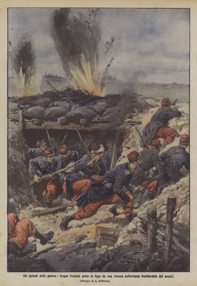 Savaşın bölümleri, düşmanlar tarafından bombalanan daha yumuşak bir siperden kaçan Fransız birlikleri by Achille Beltrame