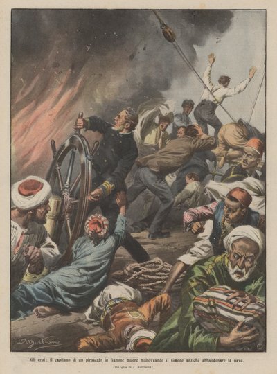 Kahramanlar, yanan bir vapurun kaptanı, gemiyi terk etmek yerine dümen manevrası yaparken ölür by Achille Beltrame