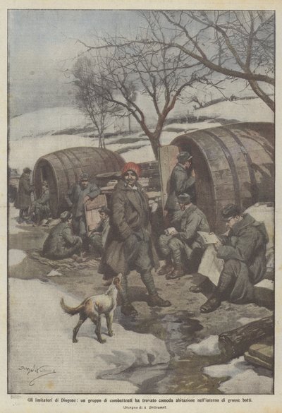 Bir grup savaşçı olan Diogenes'in taklitçileri, büyük varillerin içinde rahat bir yuva buldular. by Achille Beltrame