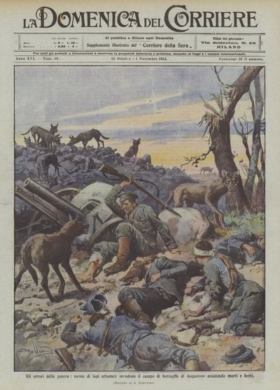 Savaşın dehşeti, aç kurt sürüleri Augustow savaş alanını istila ederek ölülere ve yaralılara saldırıyor by Achille Beltrame