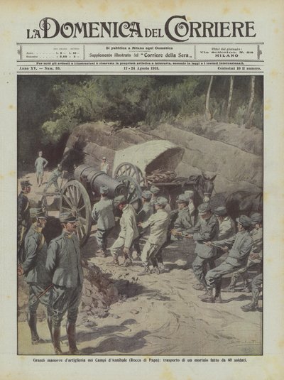 Annibale Tarlalarında (Rocca di Papa) büyük topçu manevraları, 60 asker tarafından yapılan bir havanın taşınması by Achille Beltrame