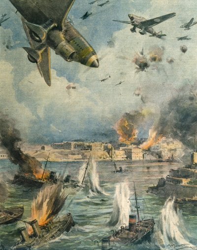 Malta üzerinde Büyük Mihver hava saldırısı, Achille Beltrame tarafından, illüstrasyon, İllüstratör Achille Beltrame (1871-1945), La Domenica del Corriere