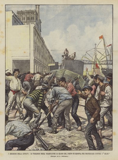 Medeniyetin Gerilemeleri, Cenova Limanında Tahıl Yükleyenlerin Siloları Protesto Eden Şiddeti by Achille Beltrame