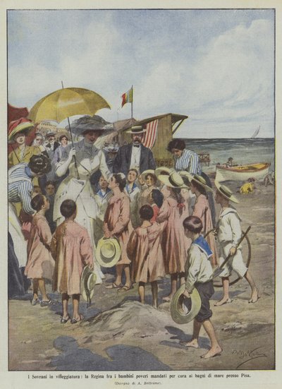 Egemenler tatilde, Kraliçe fakir çocuklar arasında bakım için Pisa yakınlarındaki deniz hamamlarına gönderildi by Achille Beltrame