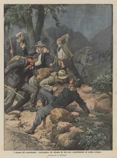 İsviçre sınırında tek başına dokuz kaçakçıyla karşı karşıya kalan bir tuğgeneral yardımcısı olan kaçakçılığın dramları by Achille Beltrame