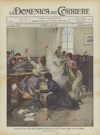 Okullarda çıkan yangın dramları, bir arkadaşı tarafından kurtarılan kıyafetleriyle yanan Parisli öğrenci by Achille Beltrame