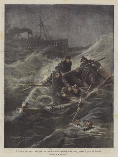 Denizin dramaları, Venedik limanı yakınında, dalgalar tarafından yutulan beş denizci ile bir cankurtaran botu by Achille Beltrame