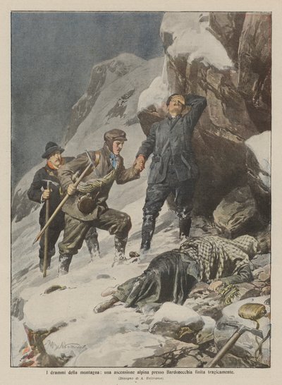 Dağın dramaları, Bardonecchia yakınlarında trajik bir şekilde sona eren bir dağ tırmanışı by Achille Beltrame