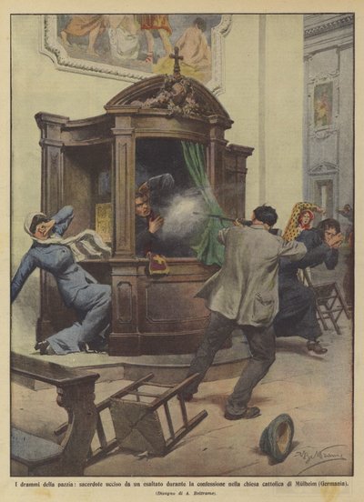 Delilik dramları, kilisede günah çıkaran bir rahip tarafından öldürülen bir rahip mi? by Achille Beltrame