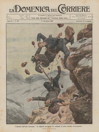 Yüksek dağların dramları, bir tırmanış sırasında yüzlerce metreden düşen üç dağcı by Achille Beltrame