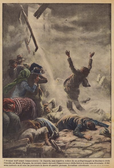 Fırtınalı yaz dramaları, Ligurya'da hacdan dönen bir grup mu? by Achille Beltrame