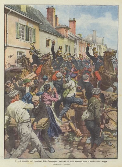 Şampanya şarap üreticilerinin ciddi huzursuzluğu, askerler tarafından basılan parçalanmış fıçılardan oluşan barikatlar by Achille Beltrame