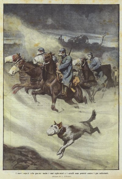 Savaşın yeni yönleri, kaşif köpekleri ve atları bile zehirli gazlara karşı korunuyor by Achille Beltrame