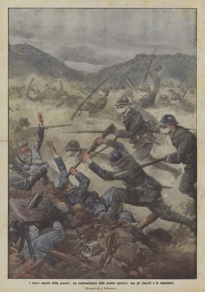 Savaşın yeni yönleri, piyadelerimizin miğferli ve maskeli karşı saldırısı by Achille Beltrame